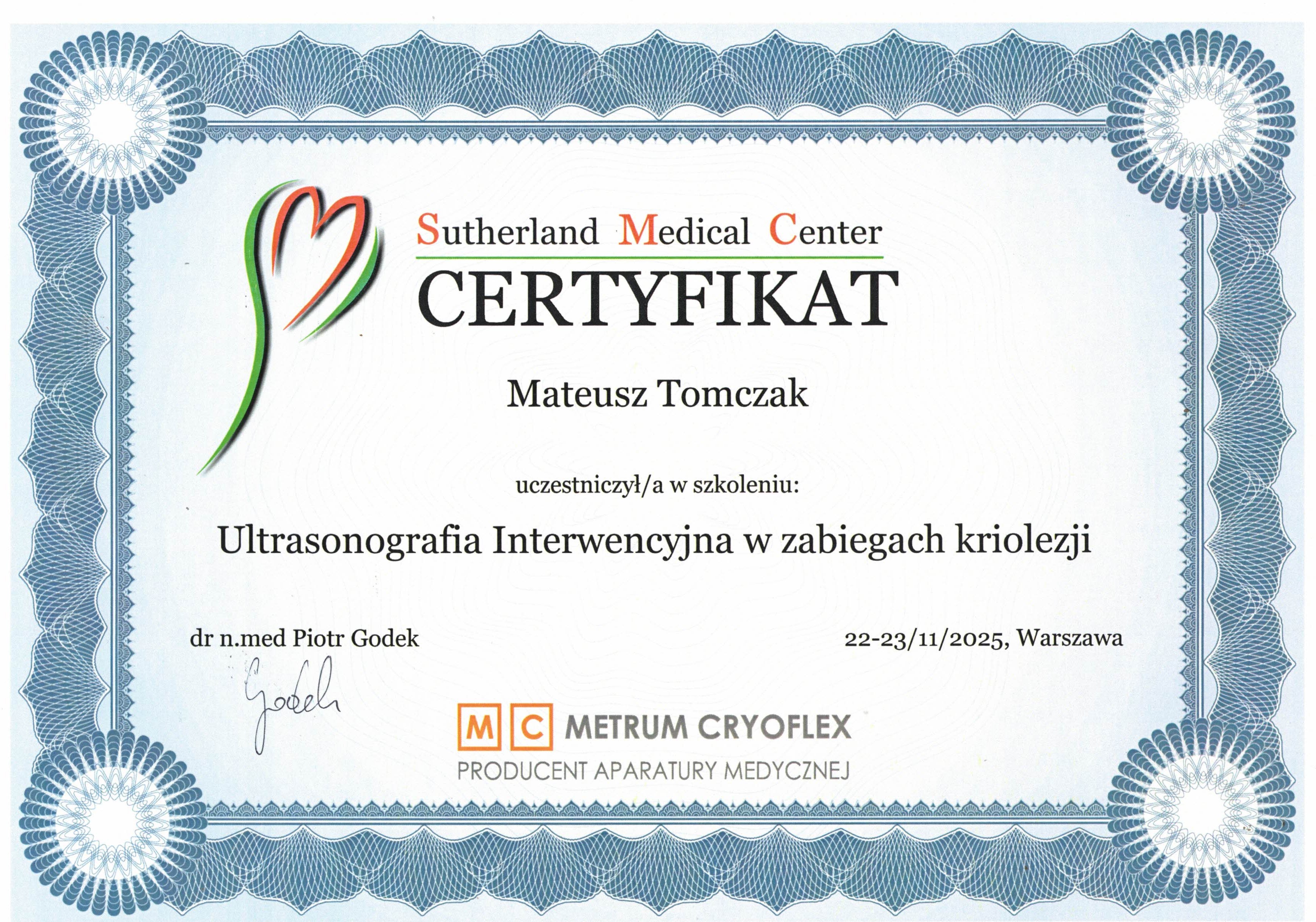 Certyfikat: Ultrasonografia Interwencyjna w zabiegach kriolezji
