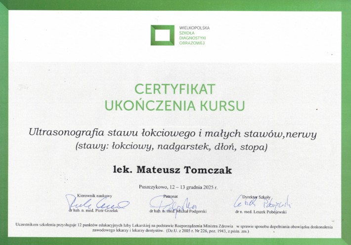 Certyfikat: Ultrasonografia stawu łokciowego i małych stawów, nerwy (stawy: łokciowy, nadgarstek, dłoń, stopa)