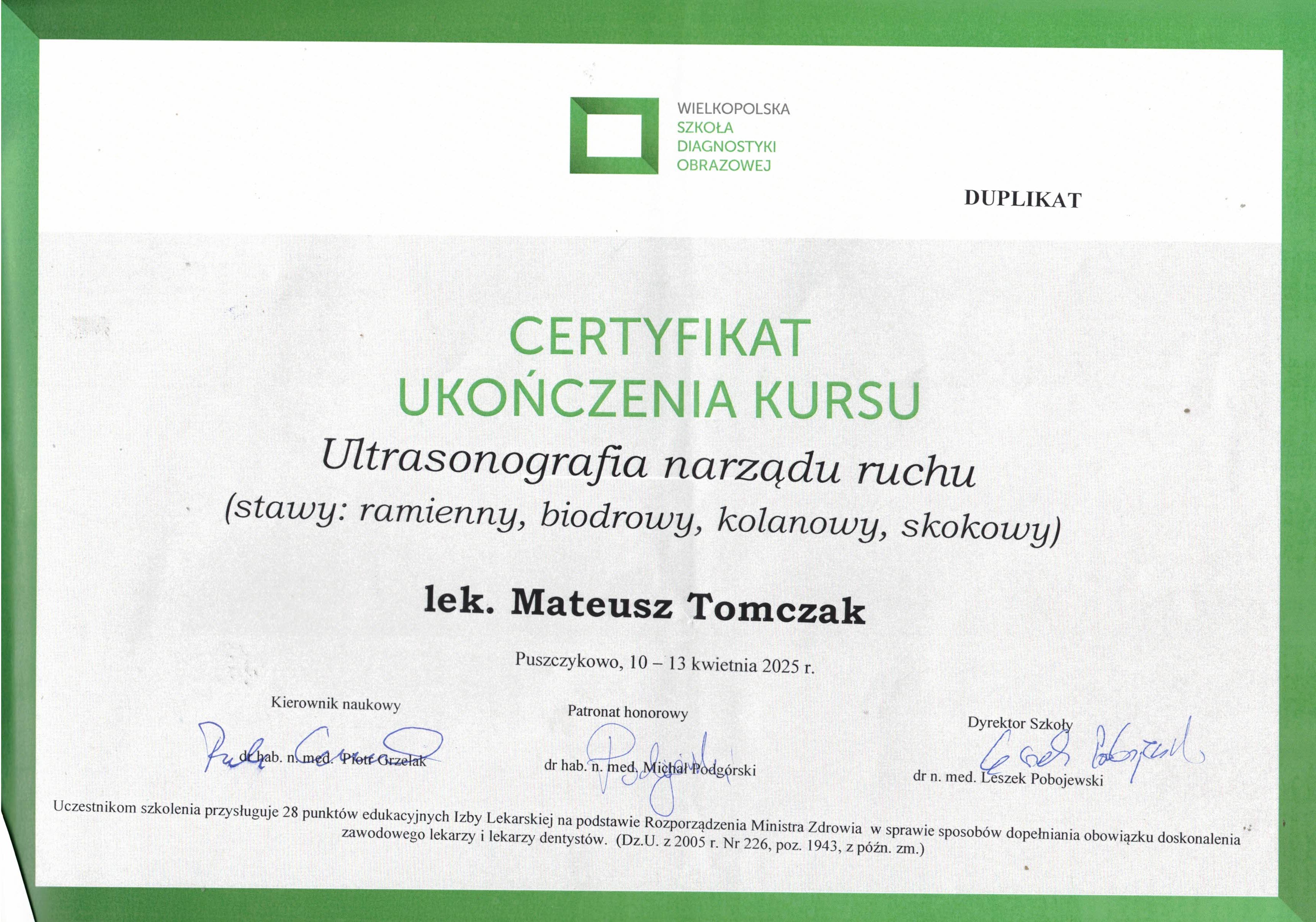 Certyfikat: Ultrasonografia narządu ruchu (stawy: ramienny, biodrowy, kolanowy, skokowy)