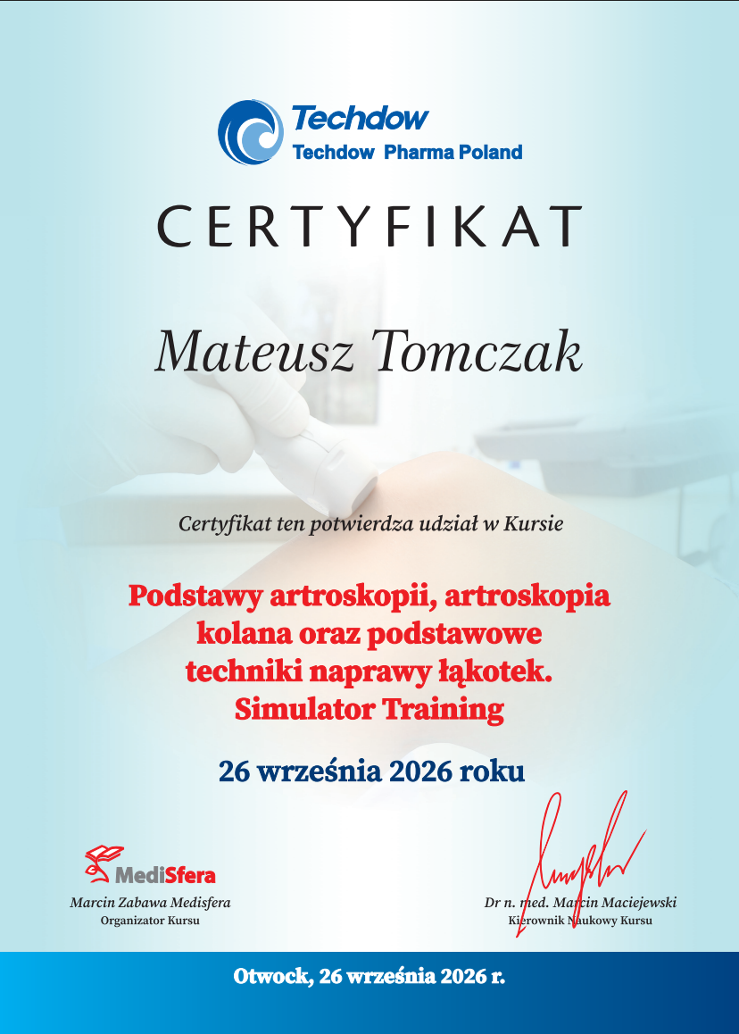 Certyfikat: Podstawy artroskopii, artroskopia kolana oraz podstawowe techniki naprawy łąkotek. Simulator Training